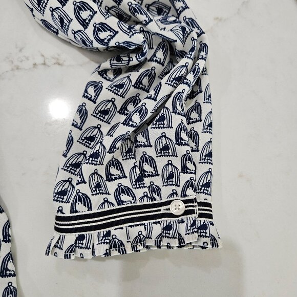 Talbots Grosgrain Trim Crinkle Blouse Medium Birdcage Print Blue - Picture 6 of 10